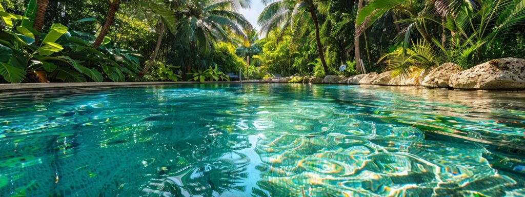 a crystal clear swimming pool with a shimmering turquoise surface, surrounded by lush green palm trees under the bright florida sun, showcasing a perfect balance of chlorine levels.