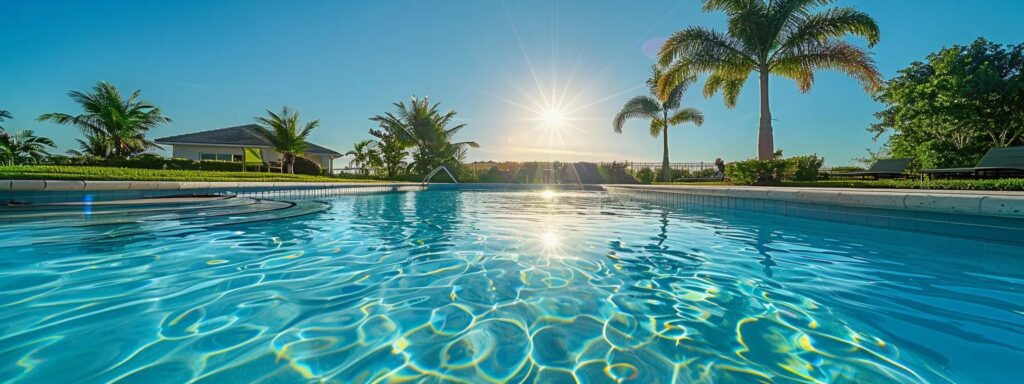 a crystal-clear swimming pool under the bright florida sun, with a homeowner adjusting the chlorine levels for optimal water quality.