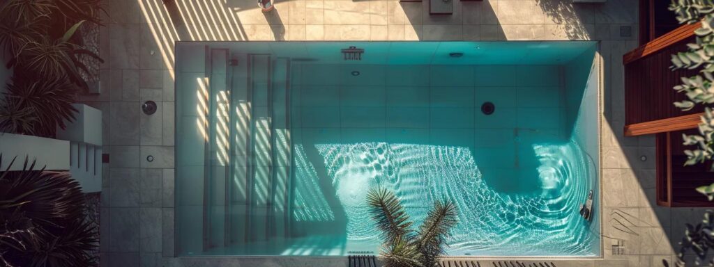 a expert pool technician demonstrating the installation of a secure pool cover over a crystal-clear swimming pool, surrounded by a sturdy safety fence.