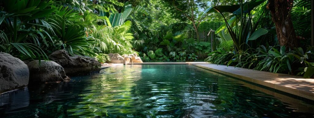 a shimmering pool surrounded by lush greenery, showcasing eco-friendly pool products and energy-efficient equipment for sustainable care.