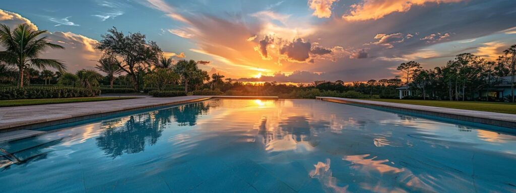 a shimmering saltwater pool at sunset, with crystal clear water reflecting the vibrant hues of a florida sky.