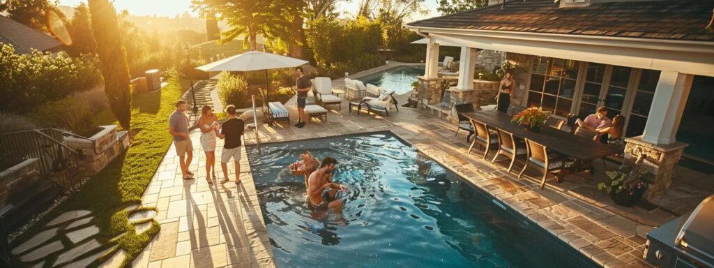 a smiling homeowner in their backyard, surrounded by a team of local pool specialists discussing customized service plans and maintenance strategies for their pool.