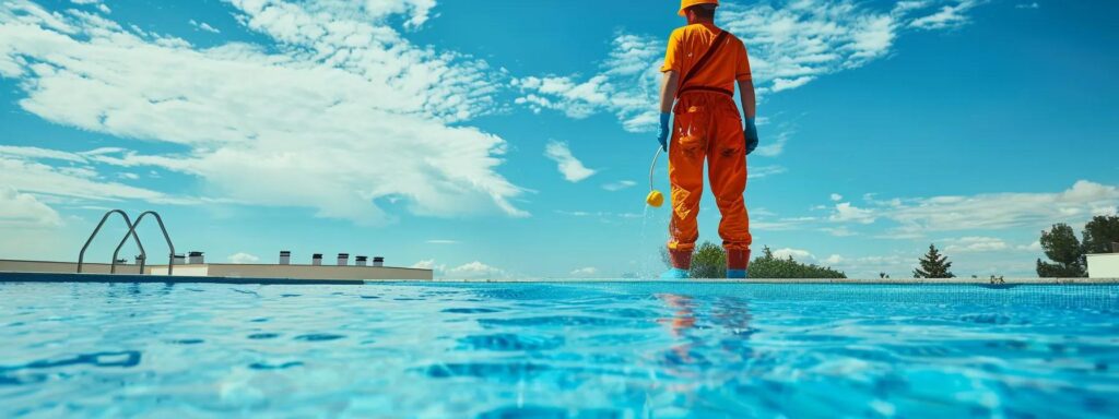 a sparkling blue pool under a bright, cloudless sky being serviced by a professional in a vibrant orange uniform.