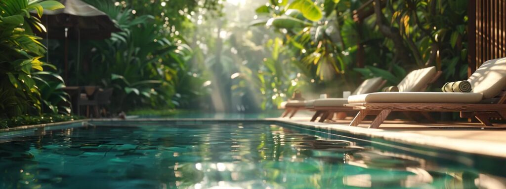 a sparkling pool under the warm summer sun, surrounded by lush greenery and inviting lounge chairs.