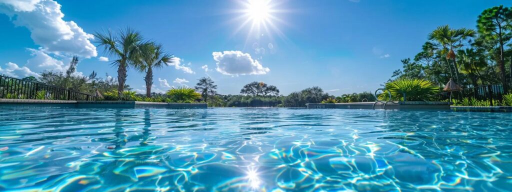 a sparkling pool under the bright florida sun, with crystal clear water reflecting the blue sky, showcasing the importance of maintaining proper chlorine levels for pristine water quality.