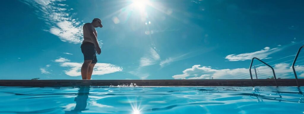 a sparkling, pristine pool under the clear blue florida sky, with a maintenance worker diligently adjusting the chlorine levels.