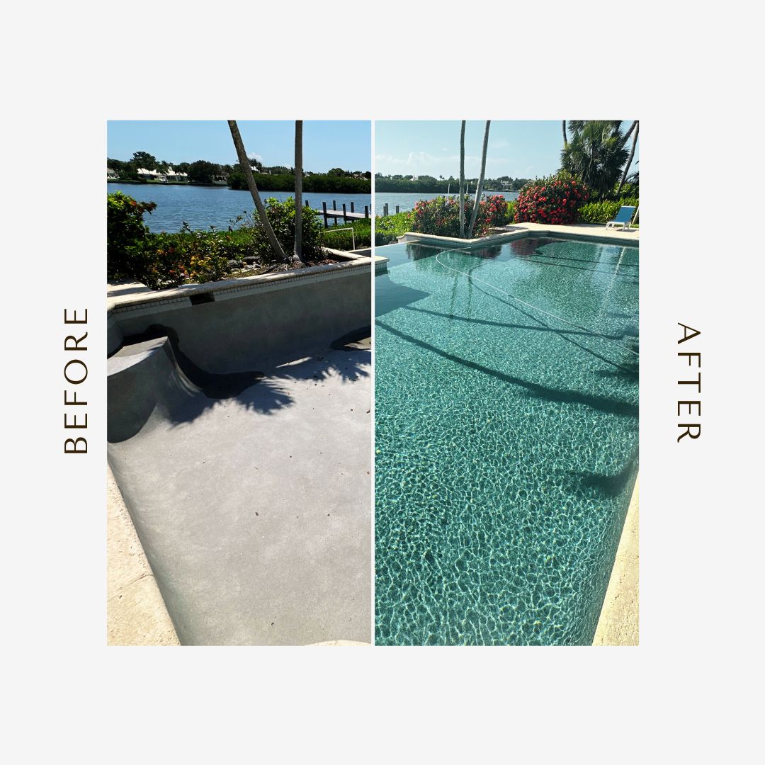 Before and after a replaster of a pool